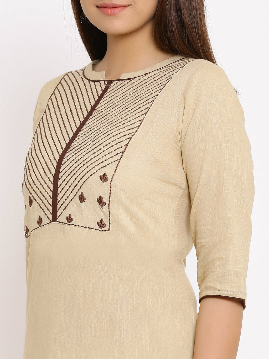 HERE&NOW Beige Geometric Yoke Design Thread Work Kurta | Grocsy