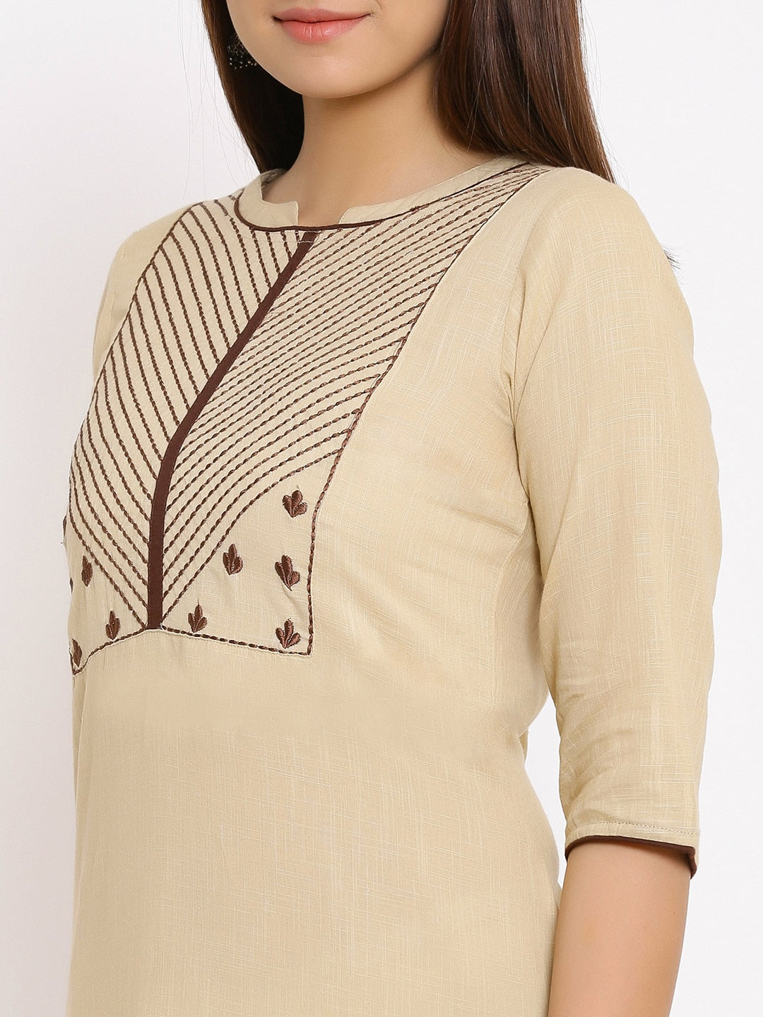 HERE&NOW Beige Geometric Yoke Design Thread Work Kurta | Grocsy