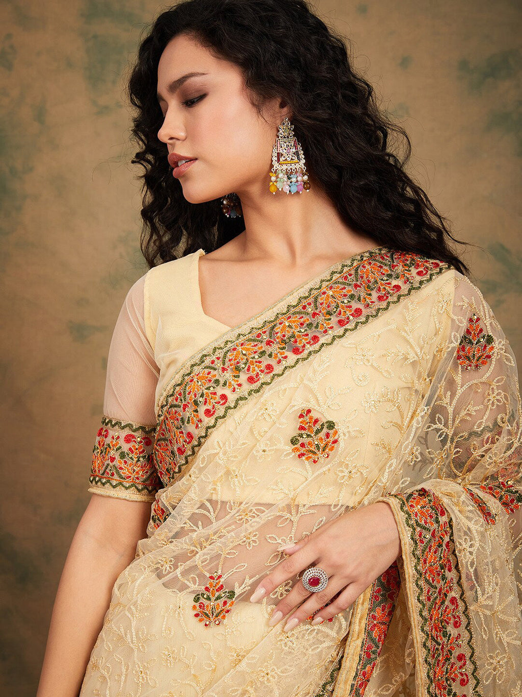 Sangria Yellow Beige Embroidered Net Sarees | Grocsy
