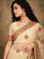 Sangria Yellow Beige Embroidered Net Sarees | Grocsy