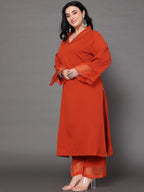 Sztori Plus Size V Neck Regular Silk Crepe Straight Kurta with Trousers | Grocsy