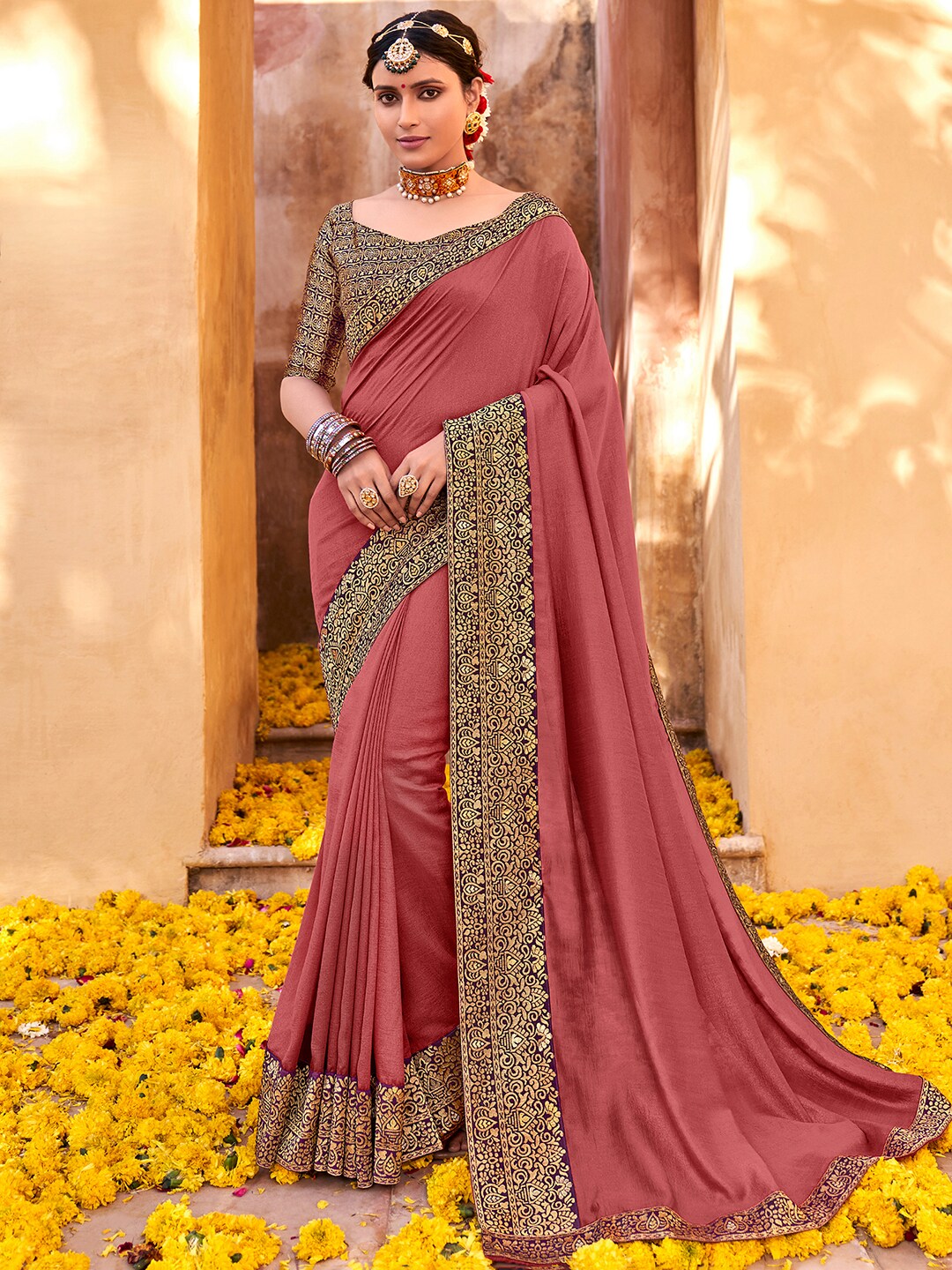 Saree Mall Zari Mauve & Purple Silk Blend Sarees | Grocsy