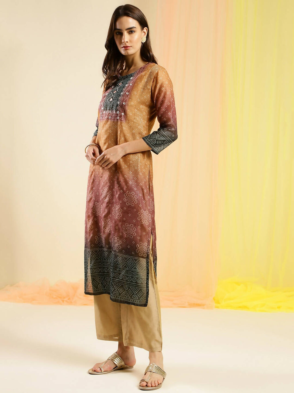 Orange Chinon Digital Printed With Hand Work Kurta - Himanshi | Grocsy