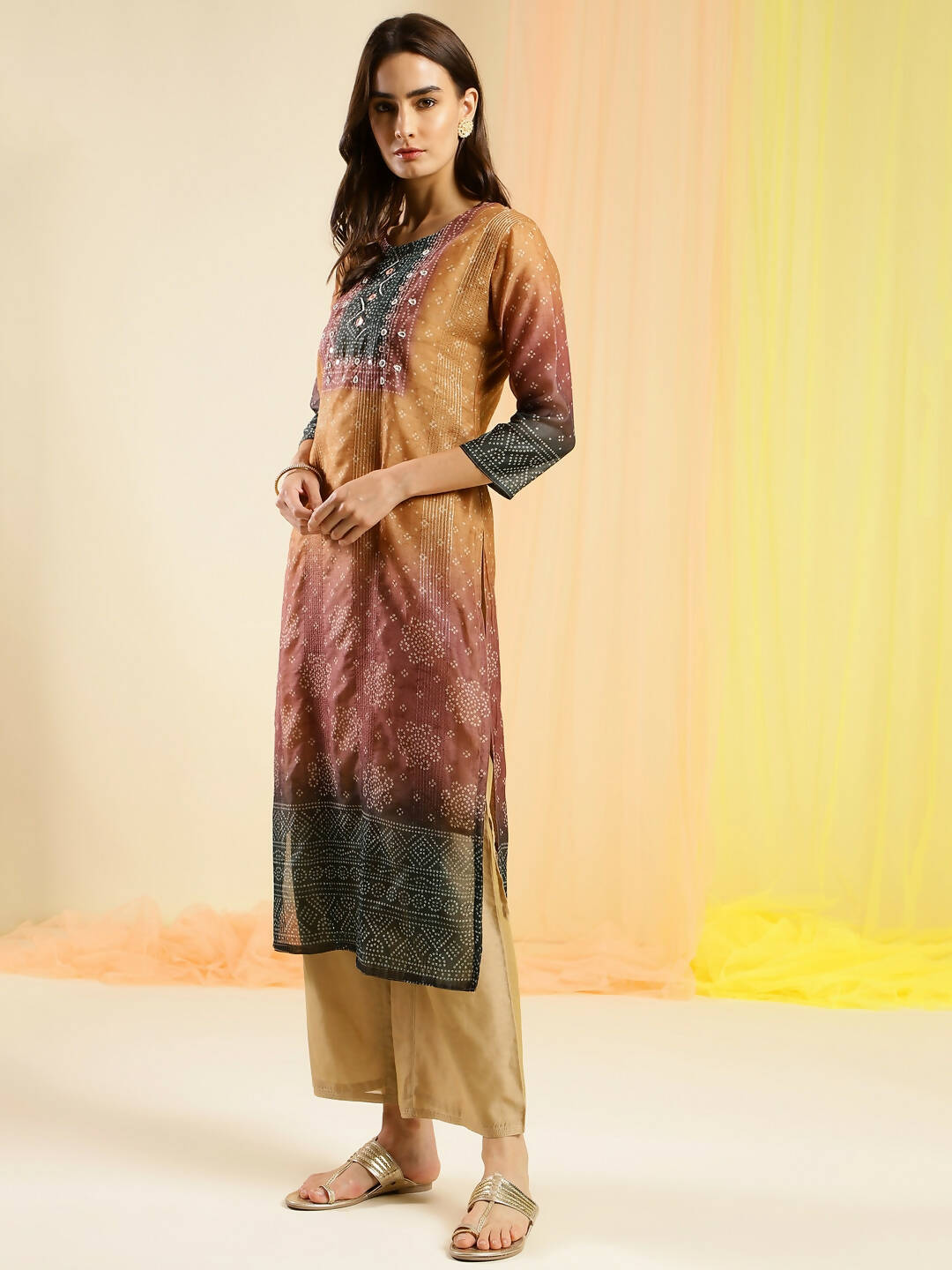 Orange Chinon Digital Printed With Hand Work Kurta - Himanshi | Grocsy