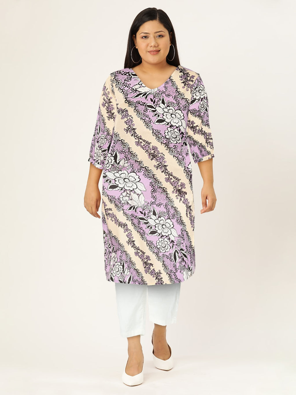 Sangria Floral Printed Curved Hem Kurta | Grocsy