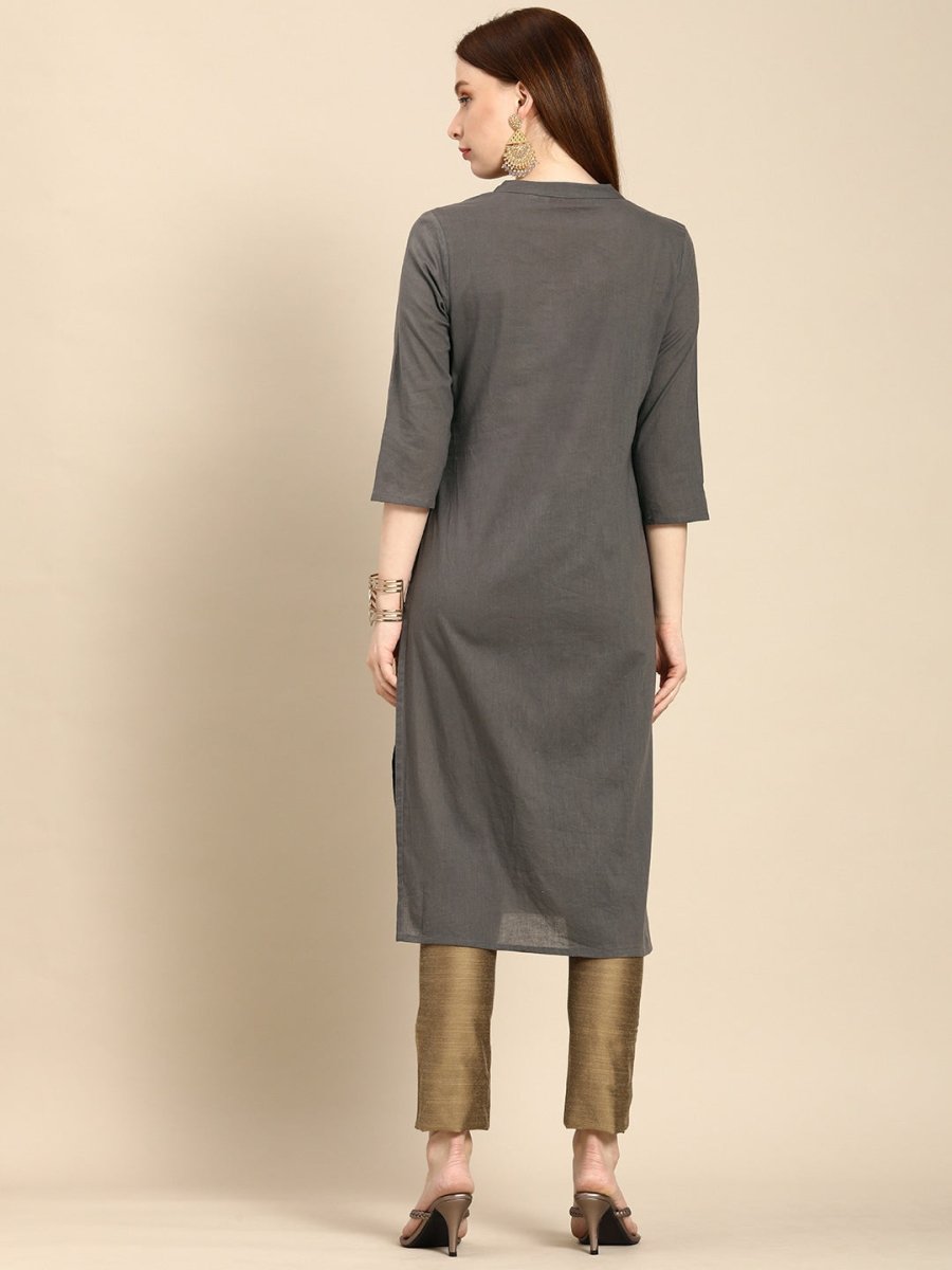 All About You Women Grey Ethnic Motifs Yoke Design Pure Cotton Kurta | Grocsy