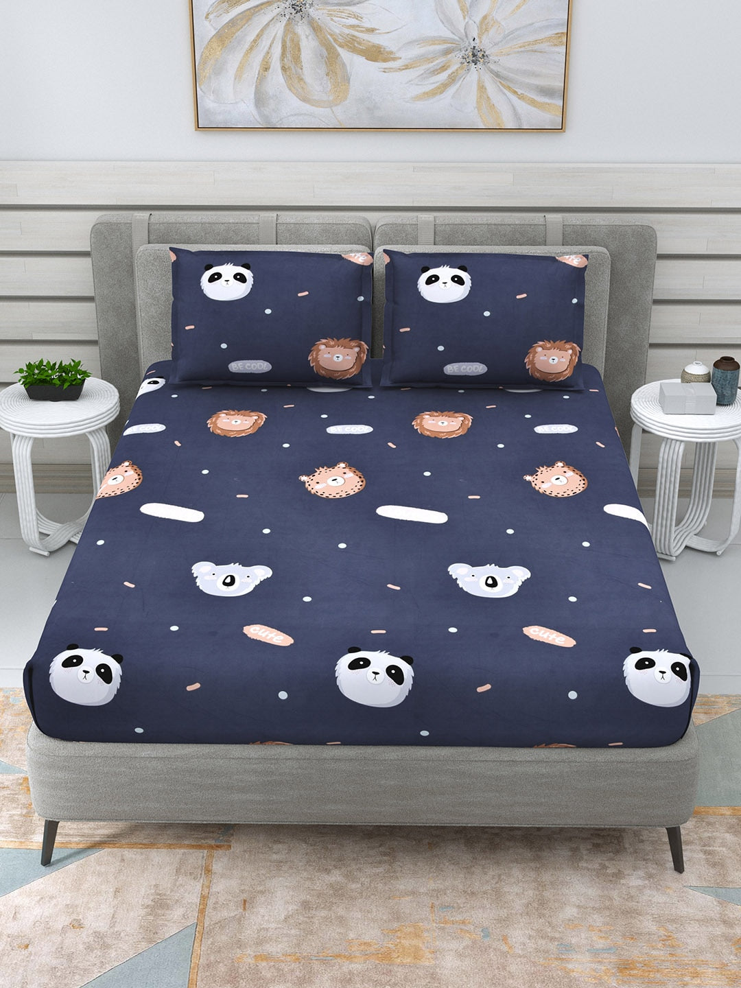 DREAM WEAVERZ Navy Blue & White Conversational Glazed Cotton 220 TC King Bedsheet with 2 Pillow Covers | Grocsy