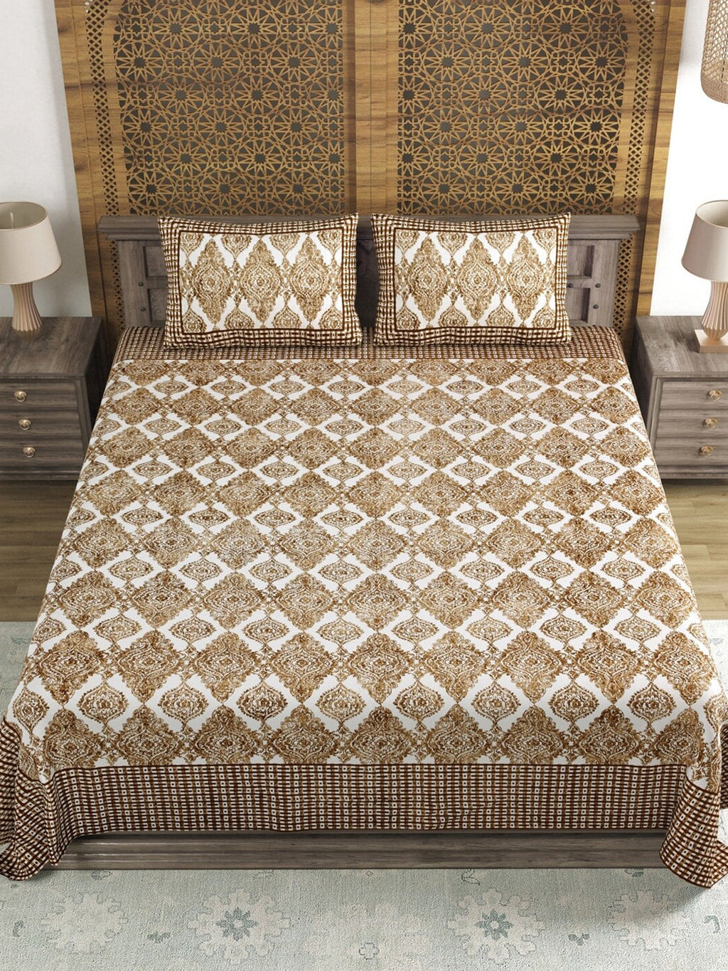 Sangria Brown & White Printed Cotton 210TC Double King Bedsheet With 2 Pillow Covers | Grocsy