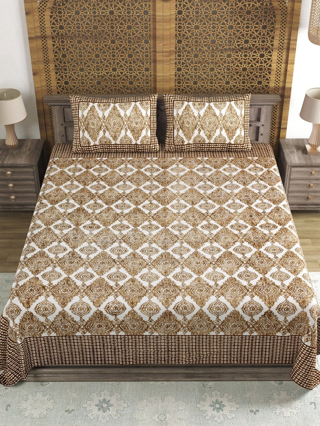 Sangria Brown & White Printed Cotton 210TC Double King Bedsheet With 2 Pillow Covers | Grocsy