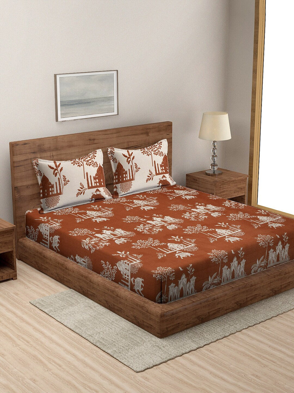 Rajasthan Decor Rust & Cream Printed Cotton 160 TC King Bedsheet with 2 Pillow Covers | Grocsy