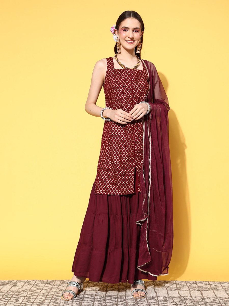 All About You Women Maroon Ethnic Motifs Printed Kurti with Fusion Bottoms & With Dupatta | Grocsy