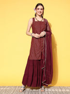 All About You Women Maroon Ethnic Motifs Printed Kurti with Fusion Bottoms & With Dupatta | Grocsy