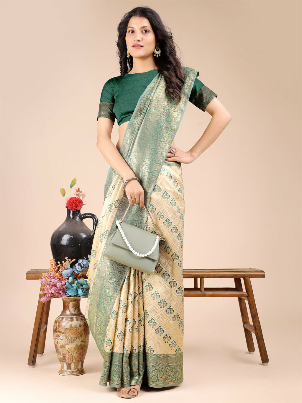 Shree Shyam Fashion Aura Silk Cream Green Banarasi Silk Saree | Grocsy