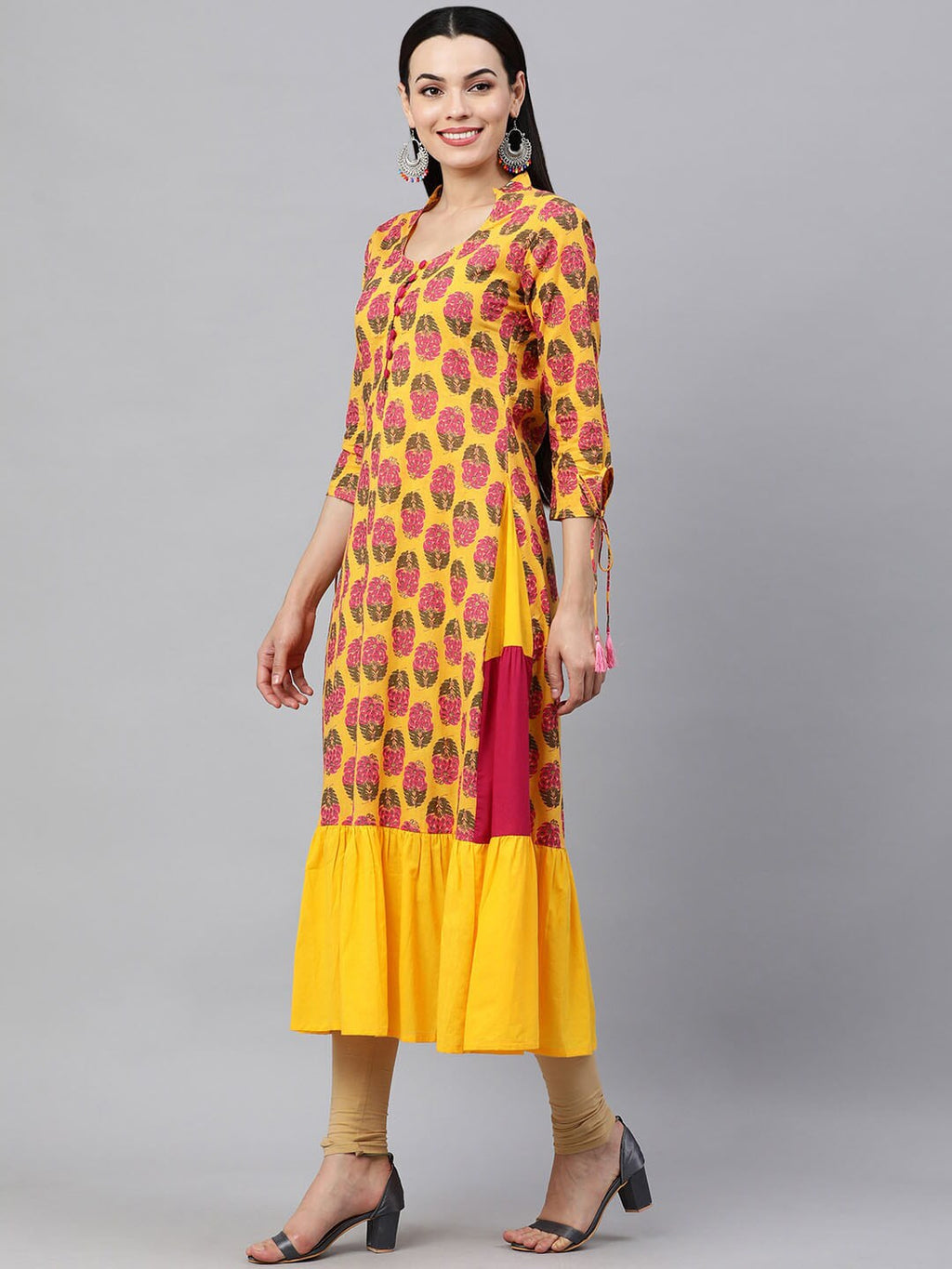 HERE&NOW Women Yellow & Pink Ethnic Motifs Pure Cotton Printed Kurta | Grocsy