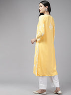 ADA Floral Embroidered Lucknowi Chikankari Cotton Silk Straight Kurta | Grocsy