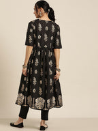 Sangria Women Black & Golden Ethnic Motifs Printed Kurta | Grocsy