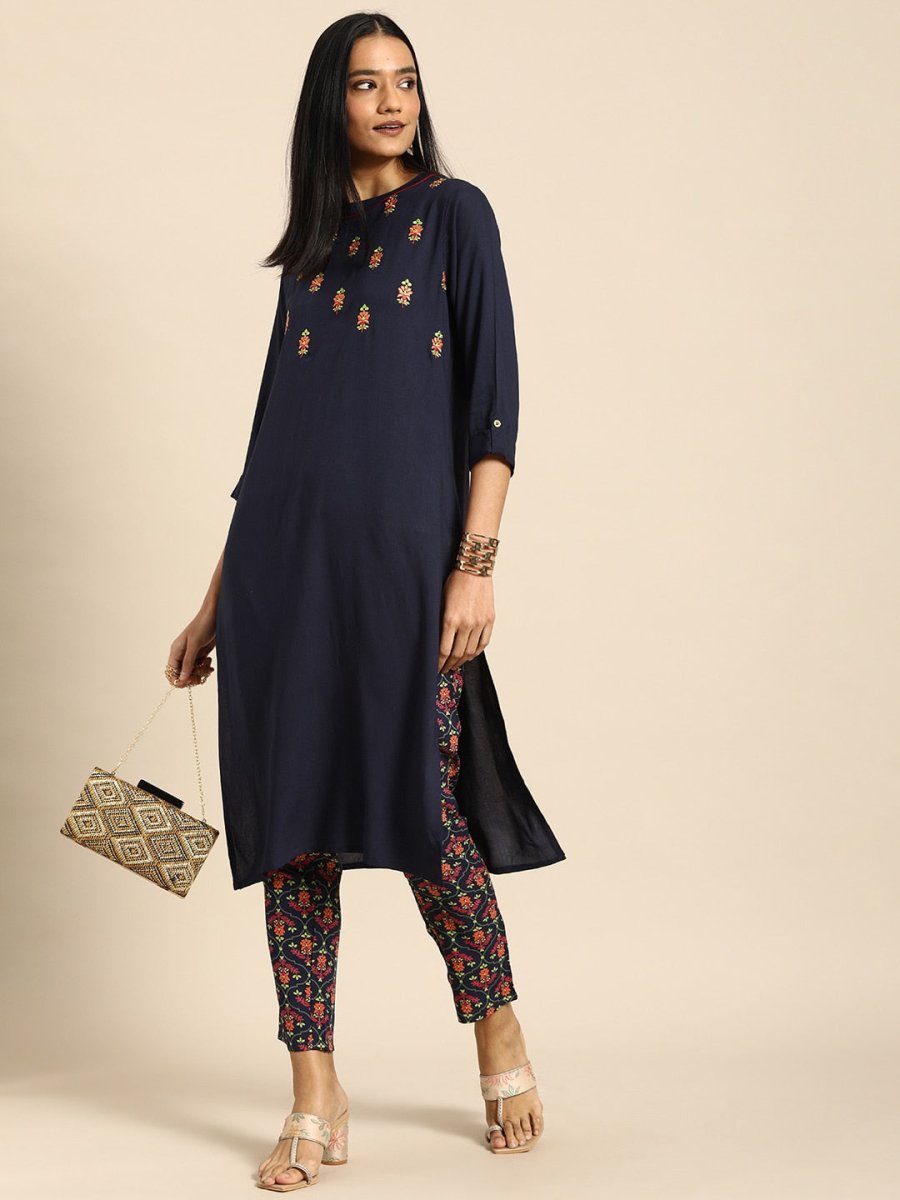 All About You Women Navy Blue Floral Embroidered Regular Thread Work Kurta with Trousers | Grocsy