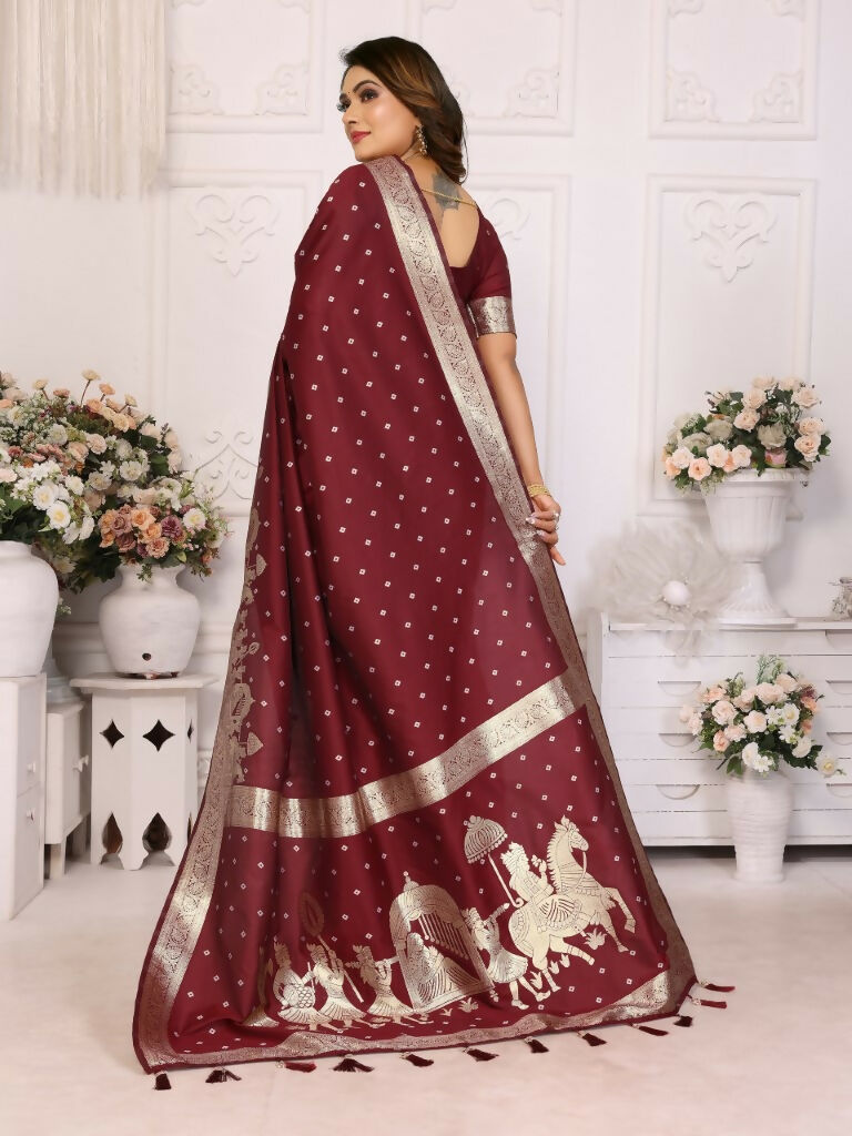Anaita Brown kochi Silk With Bandhej Weaving Saree With Blouse | Grocsy