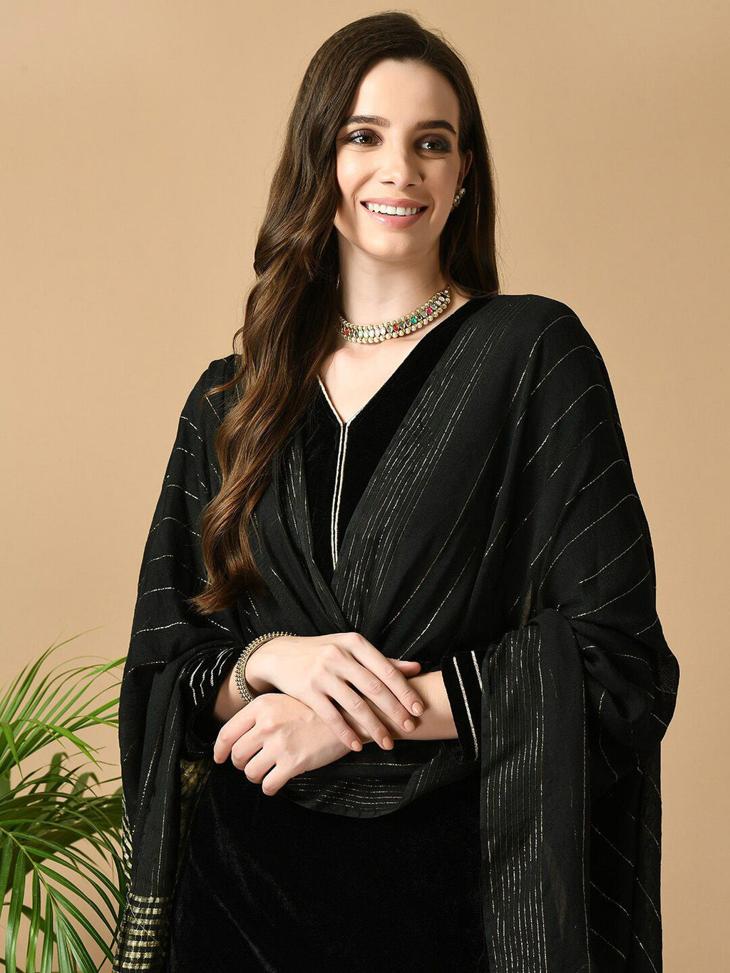 Sangria Black V-Neck Regular Velvet Kurta with Trousers & Dupatta | Grocsy