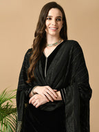 Sangria Black V-Neck Regular Velvet Kurta with Trousers & Dupatta | Grocsy