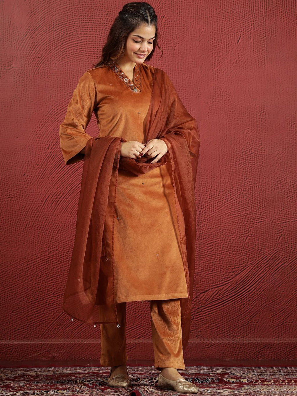 Sangria V-Neck Kurta & Trouser With Dupatta | Grocsy