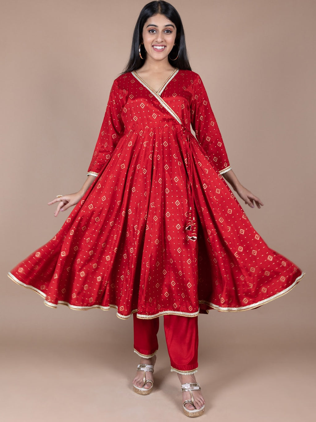 HERE&NOW Red & Beige Ethnic Motifs Printed Angrakha Gotta Patti Kurta with Trousers | Grocsy