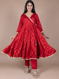 HERE&NOW Red & Beige Ethnic Motifs Printed Angrakha Gotta Patti Kurta with Trousers | Grocsy