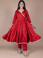 HERE&NOW Red & Beige Ethnic Motifs Printed Angrakha Gotta Patti Kurta with Trousers | Grocsy