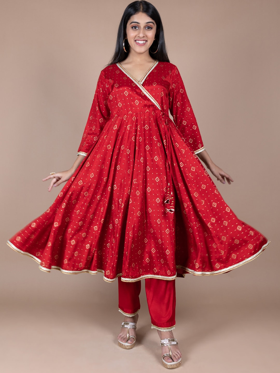 HERE&NOW Red & Beige Ethnic Motifs Printed Angrakha Gotta Patti Kurta with Trousers | Grocsy