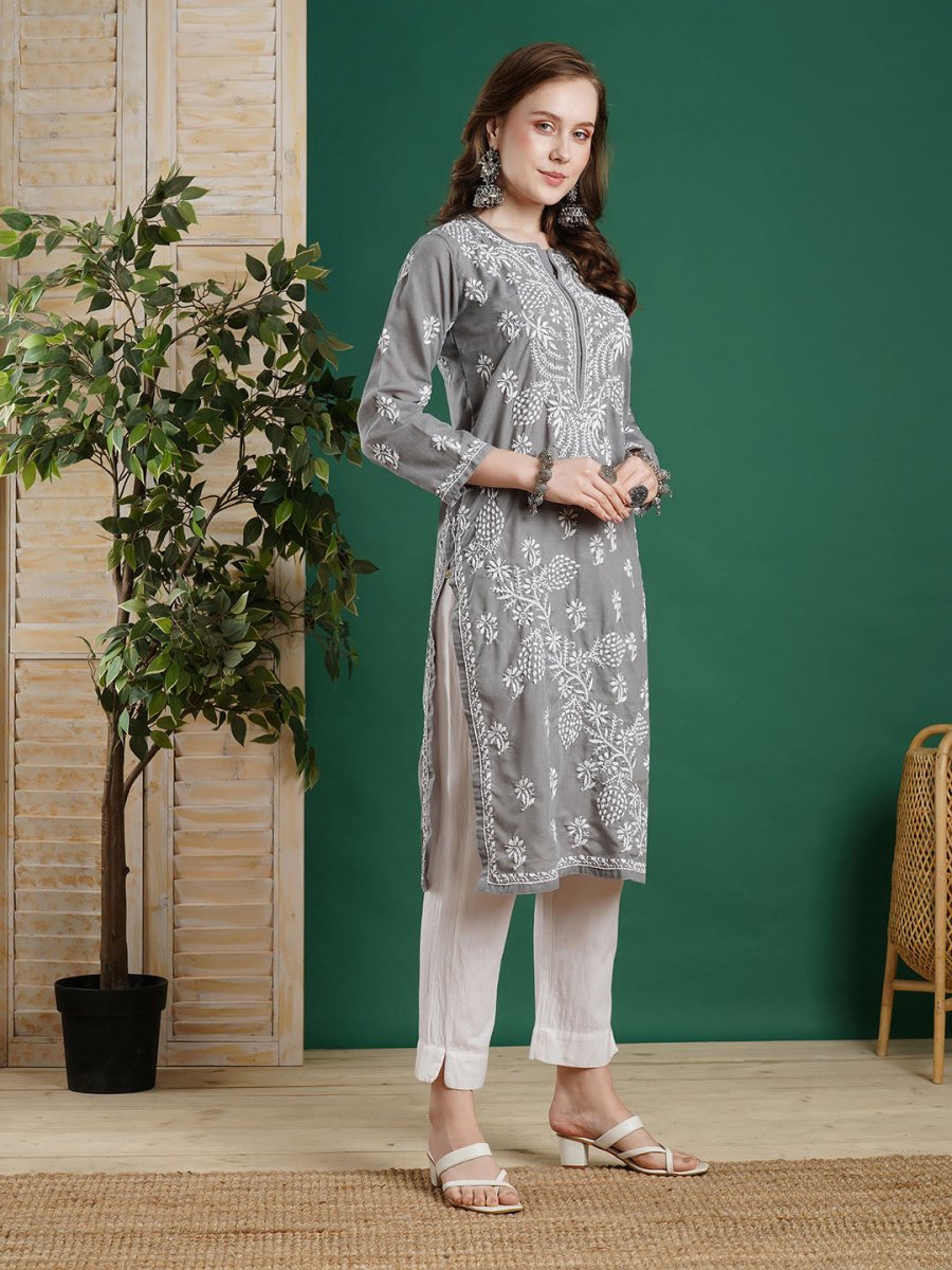 ADA Women Grey & White Chikankari Embroidered Straight Kurta | Grocsy
