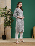 ADA Women Grey & White Chikankari Embroidered Straight Kurta | Grocsy