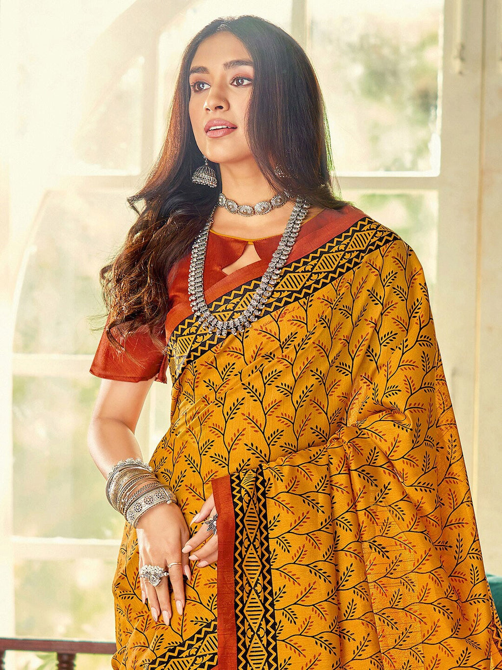 Saree Mall Mustard & Maroon Ethnic Motifs Printed Bhagalpuri Sarees | Grocsy