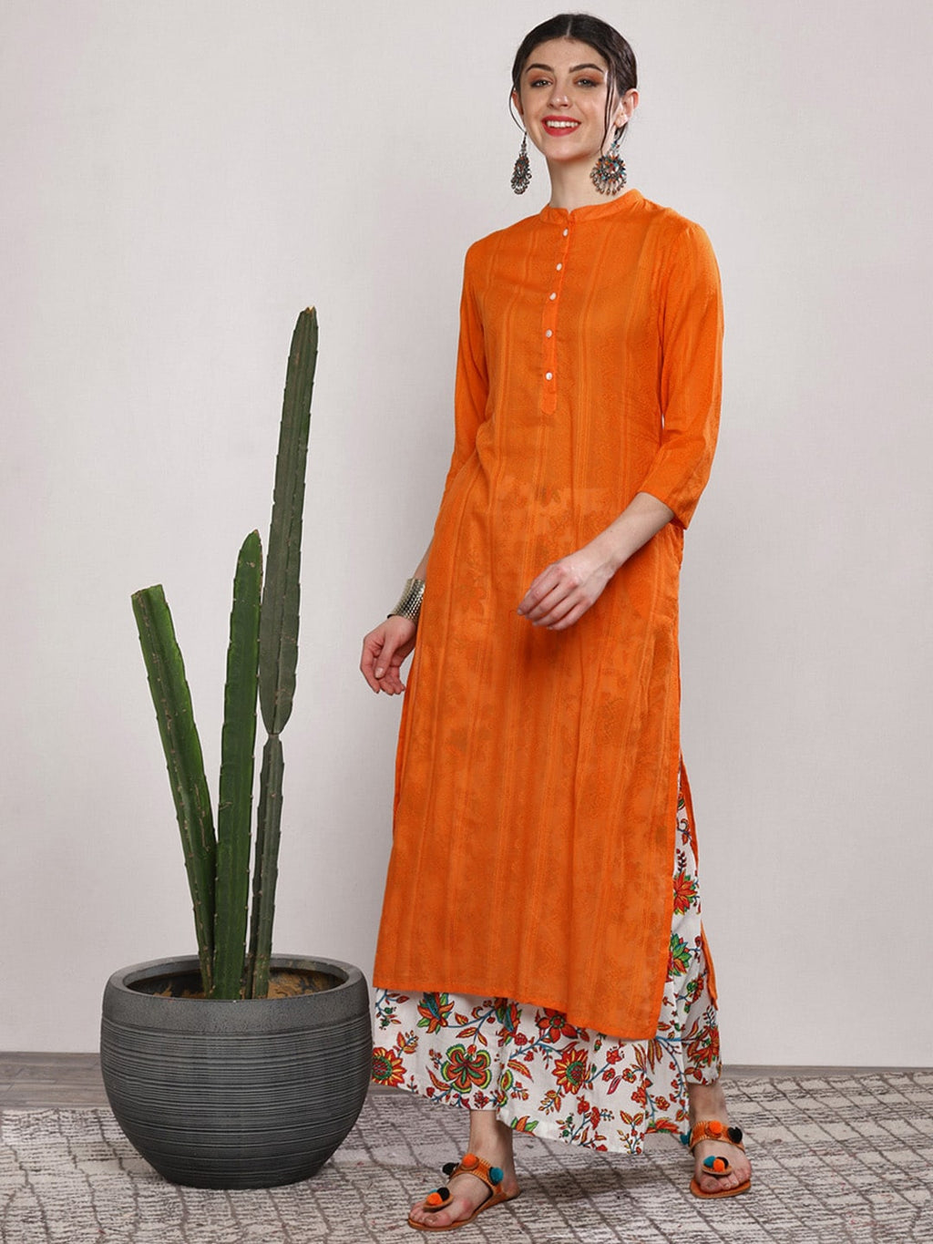 Sangria Women Orange & White Solid Kurta Set | Grocsy