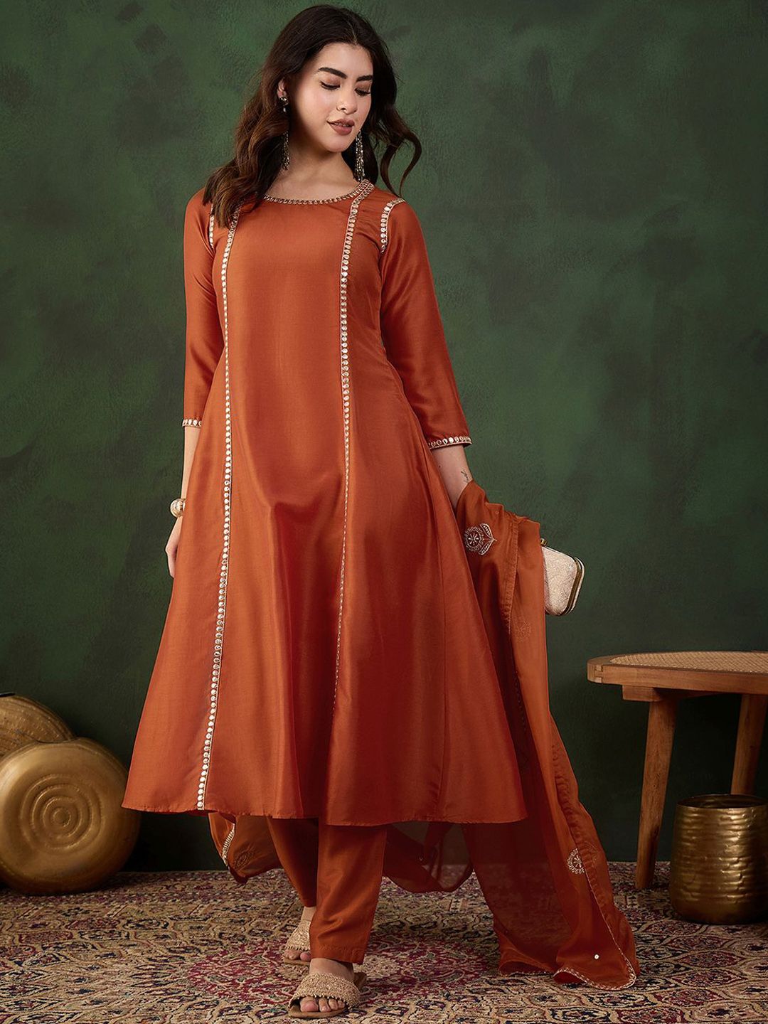 Sangria Gotta Work Embroidered A-Line Kurta & Trouser With Dupatta | Grocsy