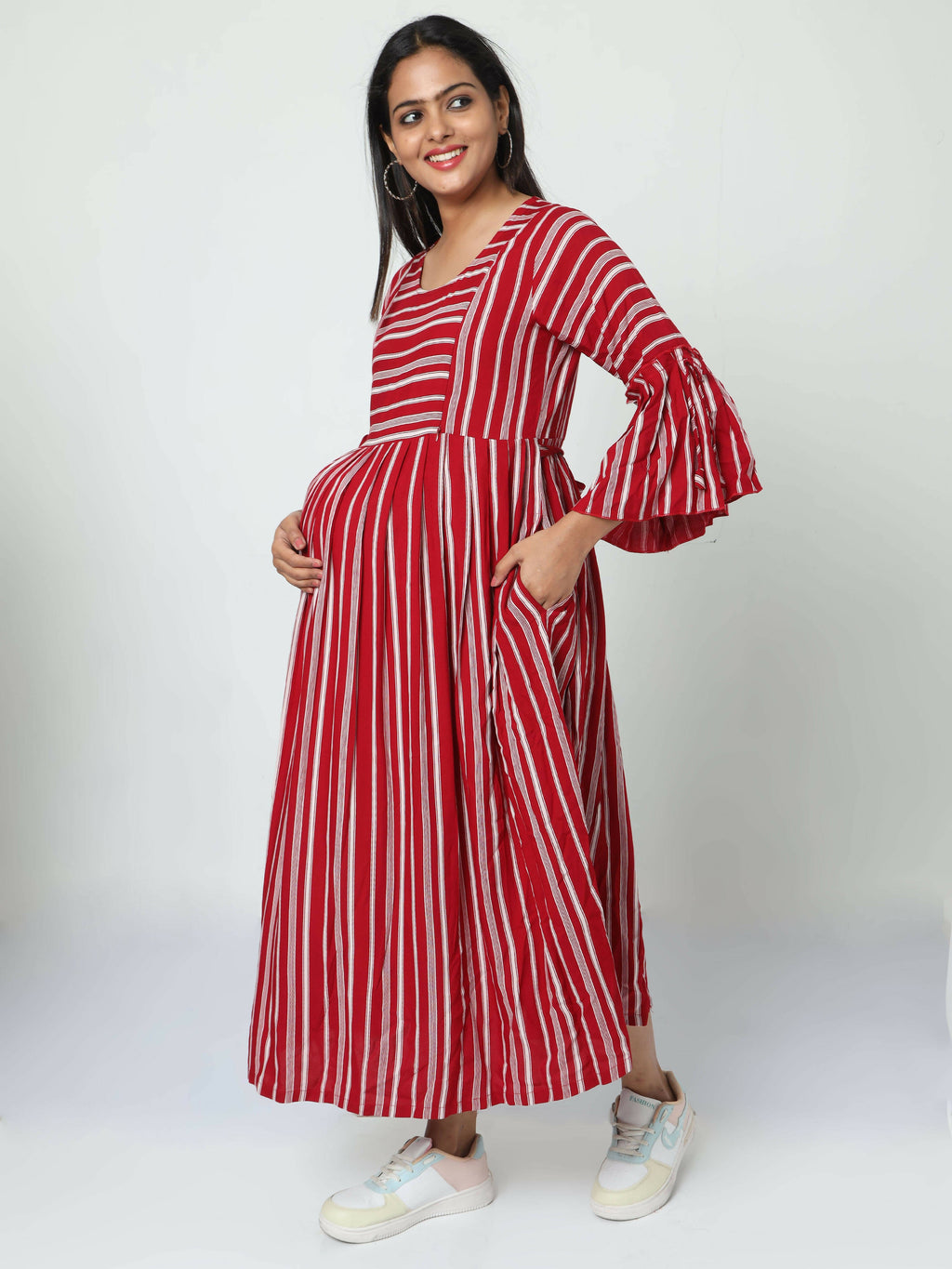 Manet Three Fourth Maternity Dress With Concealed Zipper Nursing Access - Red | Grocsy