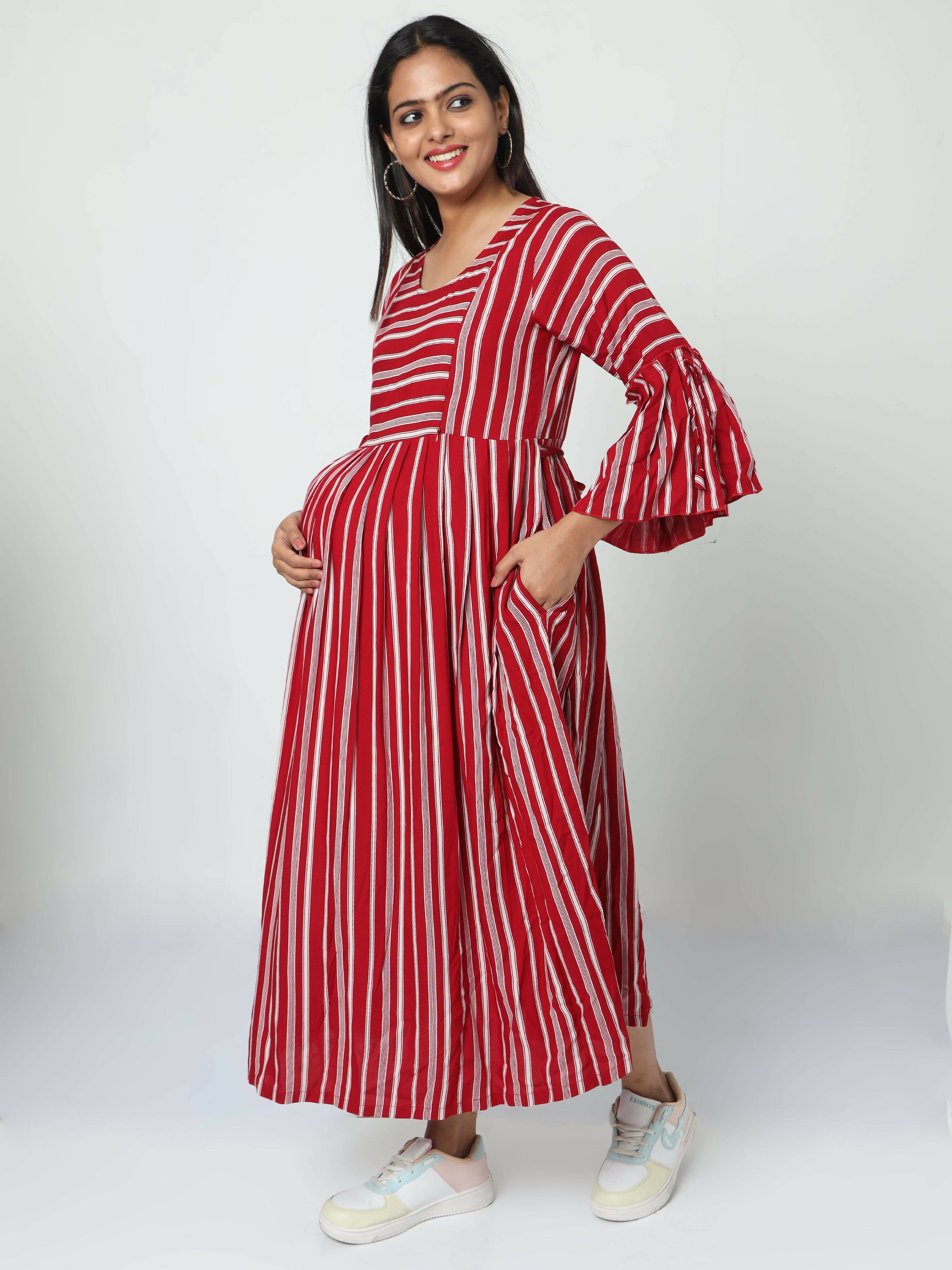Manet Three Fourth Maternity Dress With Concealed Zipper Nursing Access - Red | Grocsy