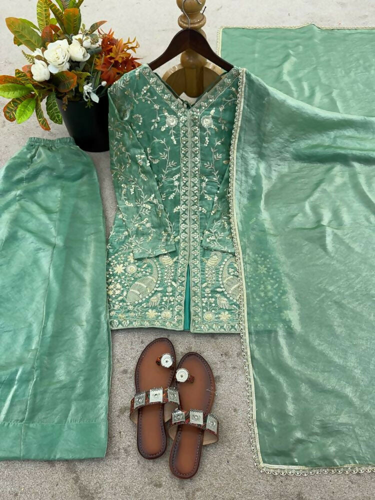 Teeya Creation Light Green Color Fendy Silk Embroidery Work Wedding Wear Salwar Suit | Grocsy