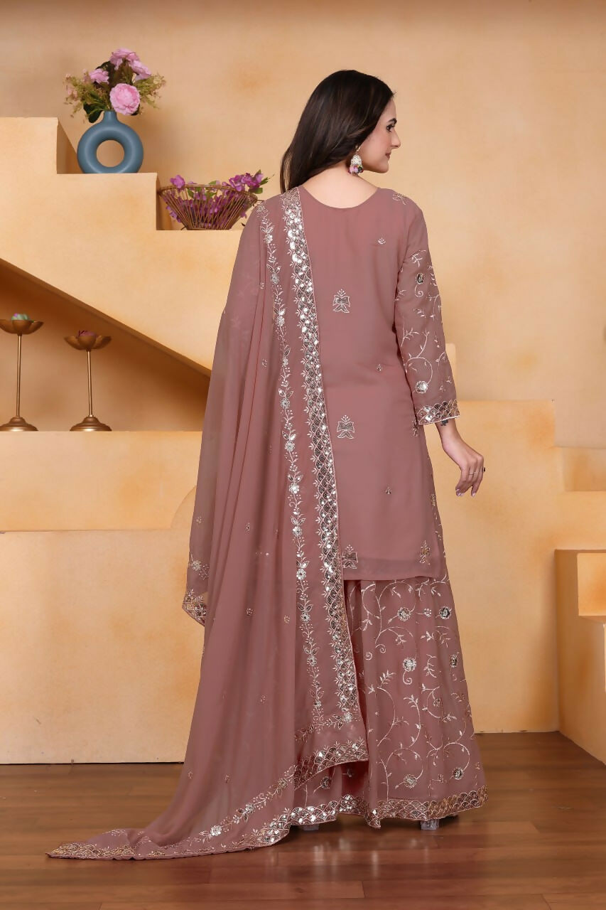 Teeya Creation Onion Color Faux Georgette Embroidery Work Wedding Wear Palazzo Set | Grocsy