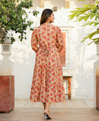 Kaajh Women's Yellow-Red Floral Hand Block Print Cotton Dress | Grocsy