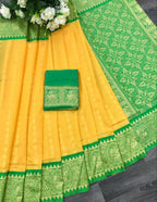 DEIANA'S Beautiful Designer Golden zari Soft Lichi Silk Saree - Yellow | Grocsy