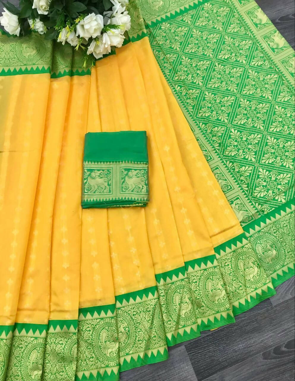 DEIANA'S Beautiful Designer Golden zari Soft Lichi Silk Saree - Yellow | Grocsy