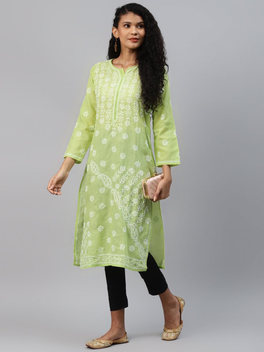 ADA Women Green & White Ethnic Motifs Chikankari Hand Embroidered Sustainable Kurta | Grocsy