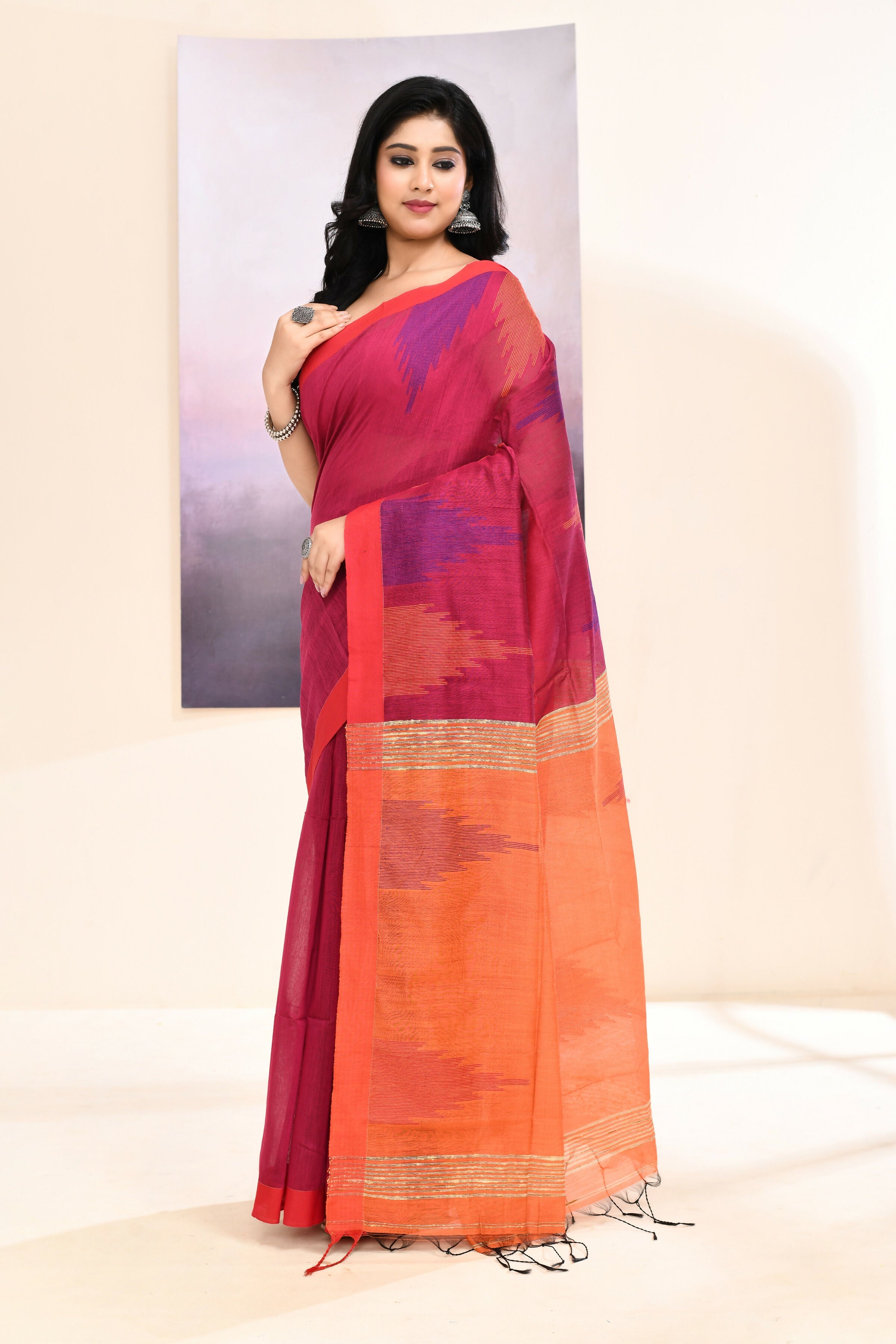 Piyari Fashion Women's Rani Temple Border Embellished Cotton Blend Jamdani Saree | Grocsy