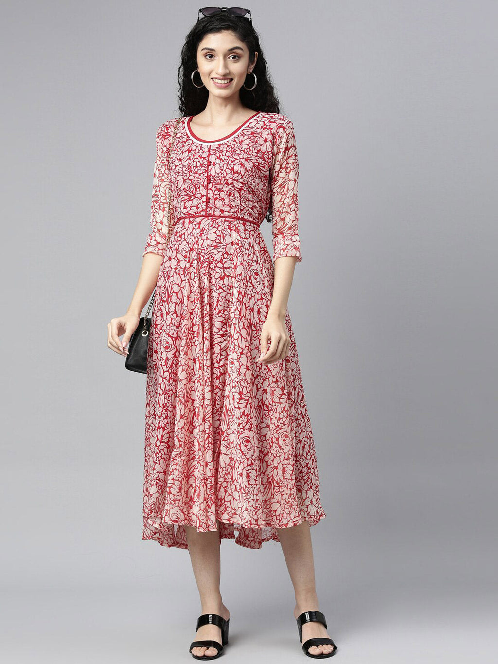 Souchii White & Red Floral Layered Chiffon Beautiful Midi Dress | Grocsy