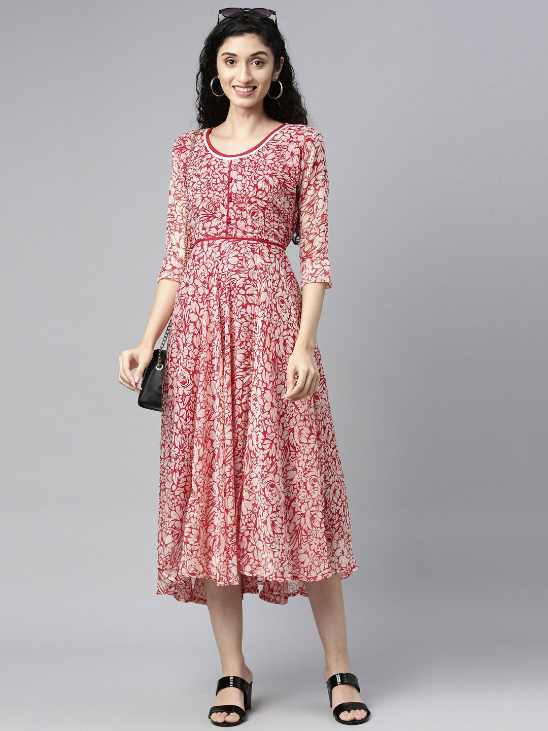 Souchii White & Red Floral Layered Chiffon Beautiful Midi Dress | Grocsy
