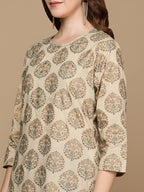 HERE&NOW Beige & Brown Ethnic Motifs Embroidered Pure Cotton Straight Kurta | Grocsy