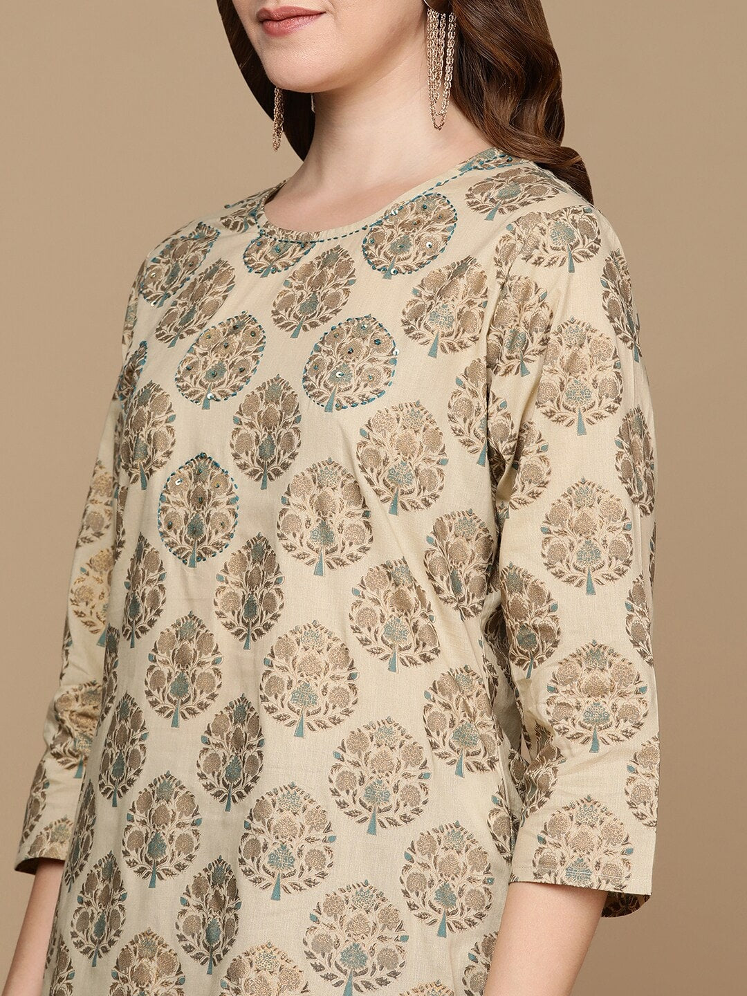 HERE&NOW Beige & Brown Ethnic Motifs Embroidered Pure Cotton Straight Kurta | Grocsy