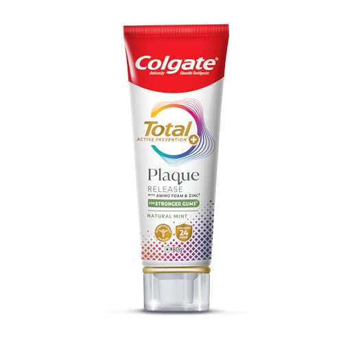 Colgate Total Plaque Release Toothpaste | Tooth Paste with Amino Foam & Zinc | Colgate Paste Toothpaste for Stronger Gums | 3X More Effective at Fighting Plaque - Natural Mint (80gm)(2.8 Ounce) | Grocsy