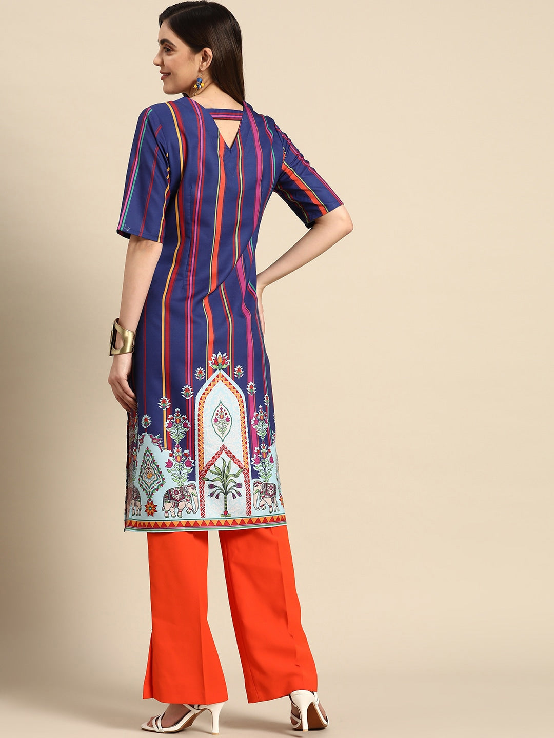 Sangria Striped & Printed Detail Kurta | Grocsy
