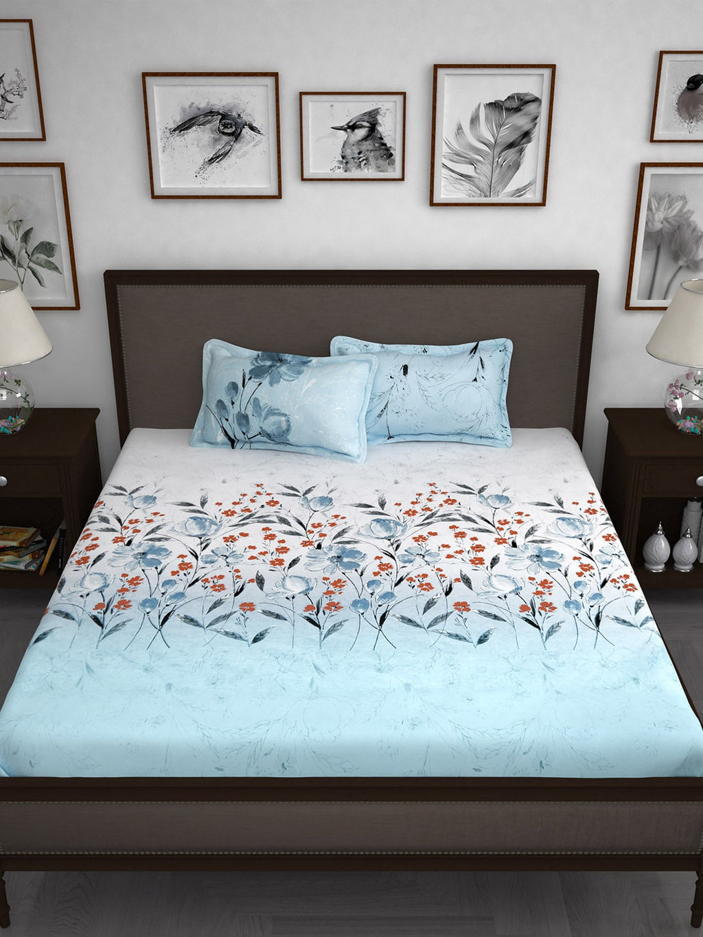 Story@home White & Blue Floral 210 TC Cotton 1 King Bedsheet with 2 Pillow Covers | Grocsy